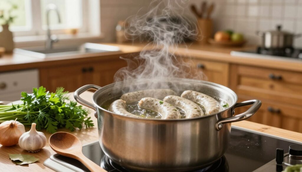 A beautiful kitchen scene focused on a pot of boiling white sausage, captured from a slight overhead angle. The pot is stainless steel, with steam rising gently as the sausage simmers in flavorful broth, surrounded by fresh herbs like parsley and dill for garnish. In the foreground, a wooden spoon rests on the counter next to an assortment of fresh ingredients, including garlic, onions, and bay leaves. The middle ground shows a warm, inviting kitchen with wooden cabinetry, tiled backsplash, and soft, natural light streaming in from a nearby window, casting a cozy glow. The atmosphere is calm and wholesome, conveying a sense of culinary tradition and the art of perfecting the cooking process. A beautiful kitchen scene focused on a pot of boiling white sausage, captured from a slight overhead angle. The pot is stainless steel, with steam rising gently as the sausage simmers in flavorful broth, surrounded by fresh herbs like parsley and dill for garnish. In the foreground, a wooden spoon rests on the counter next to an assortment of fresh ingredients, including garlic, onions, and bay leaves. The middle ground shows a warm, inviting kitchen with wooden cabinetry, tiled backsplash, and soft, natural light streaming in from a nearby window, casting a cozy glow. The atmosphere is calm and wholesome, conveying a sense of culinary tradition and the art of perfecting the cooking process.