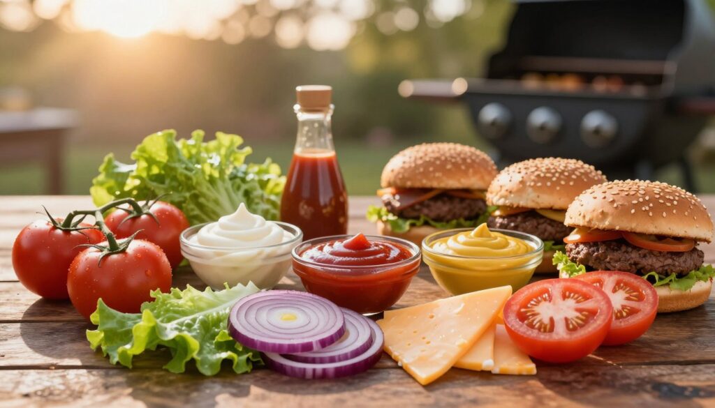 A beautifully arranged array of condiments and toppings for gourmet burgers, laid out on a rustic wooden table. In the foreground, a vibrant selection of fresh ingredients including ripe tomatoes, crisp lettuce, sliced red onions, and artisanal cheese, each with glistening textures. In the middle, focus on a variety of sauces, such as creamy mayonnaise, spicy ketchup, and zesty mustard, elegantly presented in small glass bowls. The background features a blurred outdoor BBQ setting with a warm golden hour sunlight casting gentle shadows, creating a cozy and inviting atmosphere. Capture the essence of flavor and culinary artistry, emphasizing the vibrant colors and textures. Use a shallow depth of field to draw attention to the toppings while softly blurring the background elements, enhancing the overall mood of an enjoyable backyard gathering. A beautifully arranged array of condiments and toppings for gourmet burgers, laid out on a rustic wooden table. In the foreground, a vibrant selection of fresh ingredients including ripe tomatoes, crisp lettuce, sliced red onions, and artisanal cheese, each with glistening textures. In the middle, focus on a variety of sauces, such as creamy mayonnaise, spicy ketchup, and zesty mustard, elegantly presented in small glass bowls. The background features a blurred outdoor BBQ setting with a warm golden hour sunlight casting gentle shadows, creating a cozy and inviting atmosphere. Capture the essence of flavor and culinary artistry, emphasizing the vibrant colors and textures. Use a shallow depth of field to draw attention to the toppings while softly blurring the background elements, enhancing the overall mood of an enjoyable backyard gathering.