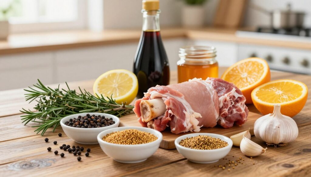 A beautifully arranged assortment of marinade ingredients for pork knuckle displayed on a rustic wooden table. In the foreground, showcase vibrant spices like black peppercorns, mustard seeds, and crushed garlic cloves in small bowls. In the middle, include fresh herbs such as rosemary and thyme, alongside citrus slices like lemon and orange. Add a bottle of dark soy sauce and a small jar of honey for added depth. The background features a blurred kitchen setting with soft natural lighting coming through a window, enhancing the warm, inviting atmosphere. Capture the essence of preparation with a slight overhead angle, focusing on the rich colors and textures, evoking a sense of culinary creativity and flavor.