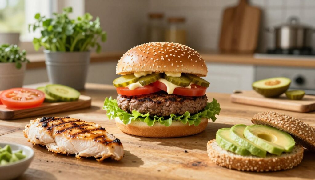 A beautifully arranged "burger drwala" on a rustic wooden table, showcasing layers of a juicy grilled patty, fresh lettuce, ripe tomatoes, creamy mayonnaise, and savory pickles, all nestled between a golden-brown sesame bun. In the foreground, there are ingredients for a healthier version, such as grilled chicken breast, whole grain buns, avocado slices, and fresh vegetable toppings, artfully displayed. The lighting is warm and inviting, with soft natural sunlight pouring in from the side, creating gentle shadows. In the background, a stylish kitchen setting adds a cozy ambiance, featuring herbs in pots and a cutting board. The overall mood is lighthearted and homey, hinting at the idea of preparing a lighter burger at home while maintaining a delicious aesthetic.