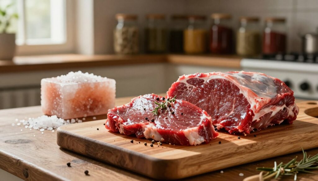A beautifully arranged composition showcasing the process of aging game meat. In the foreground, display a wooden cutting board with fresh cuts of venison, glistening with spices and herbs, capturing the rich, deep reds of the meat. In the middle ground, include an artisanal salt block, with coarse salt crystals sprinkled around, adding a touch of texture. The background features a rustic kitchen setting with wooden shelves filled with jars of marinating spices, creating an inviting and warm atmosphere. Soft, natural lighting streams in from a nearby window, casting gentle shadows that highlight the details of the meat and surroundings. The mood is cozy and earthy, emphasizing the culinary artistry involved in preparing tender and aromatic game meat.