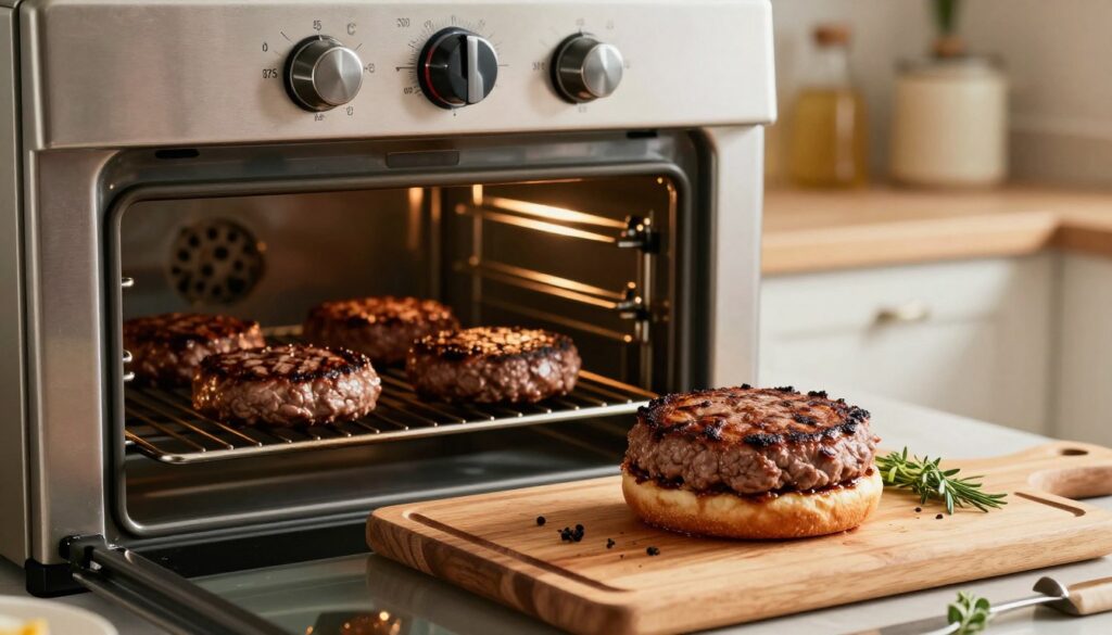 A beautifully arranged culinary scene showcasing juicy beef burgers being cooked in an oven. In the foreground, a perfectly cooked burger with a golden-brown crust sits on a wooden cutting board, garnished with fresh herbs. In the middle ground, a modern oven is shown with the temperature dial set to the optimal temperature for baking burgers, around 375°F (190°C). The background features a cozy kitchen environment with warm, inviting lighting that highlights the textures of the meat and ingredients. The atmosphere feels professional yet homey, suggesting a balance of expertise and comfort in cooking. No text or overlays are present, allowing the focus to remain entirely on the delicious details of the burgers and the cooking environment.
