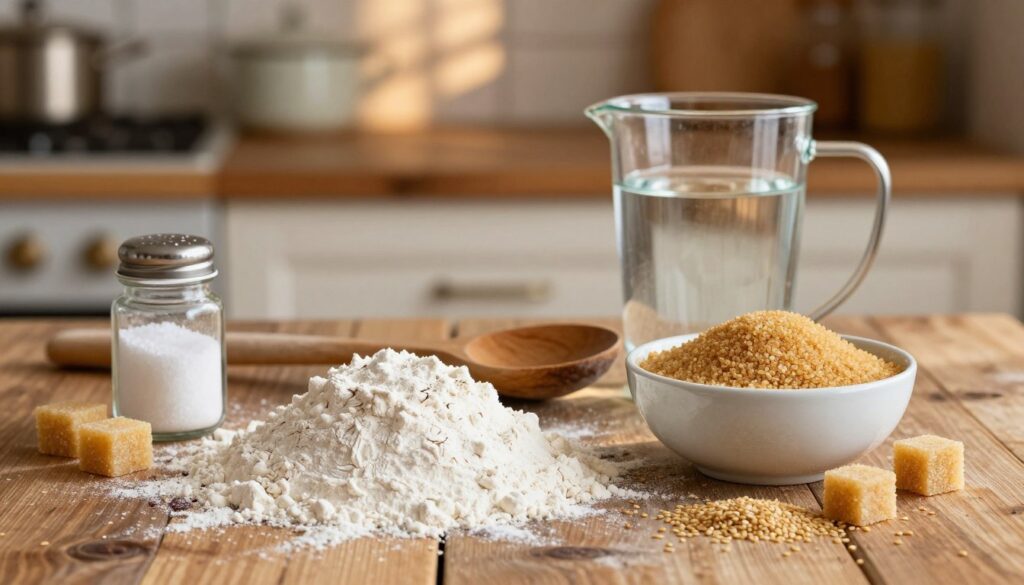A beautifully arranged display of essential bread-making ingredients on a rustic wooden surface. In the foreground, showcase a mound of white flour, a bowl of golden brown sugar, and a small jar of salt, all complemented by fresh yeast cubes and a scattering of sesame seeds. In the middle ground, include a rustic wooden spoon and a measuring cup filled with lukewarm water. The background should softly blur to reveal a warm kitchen ambiance with faded kitchenware and a hint of an oven. The lighting is warm and inviting, akin to late afternoon sunlight, creating cozy shadows that enhance the textures of the ingredients. The overall mood is homely and inviting, capturing the essence of homemade bread baking without specialized equipment. A beautifully arranged display of essential bread-making ingredients on a rustic wooden surface. In the foreground, showcase a mound of white flour, a bowl of golden brown sugar, and a small jar of salt, all complemented by fresh yeast cubes and a scattering of sesame seeds. In the middle ground, include a rustic wooden spoon and a measuring cup filled with lukewarm water. The background should softly blur to reveal a warm kitchen ambiance with faded kitchenware and a hint of an oven. The lighting is warm and inviting, akin to late afternoon sunlight, creating cozy shadows that enhance the textures of the ingredients. The overall mood is homely and inviting, capturing the essence of homemade bread baking without specialized equipment.