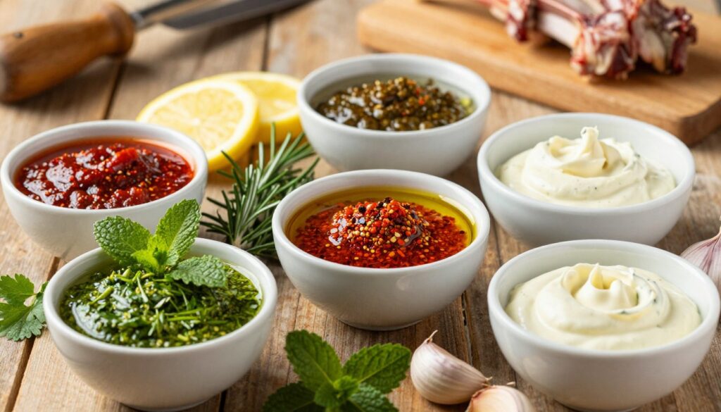 A beautifully arranged display of various marinades for lamb, showcasing vibrant ingredients. In the foreground, an assortment of small bowls filled with colorful marinades: one bowl contains a bright green herb marinade with fresh parsley and mint, another features a rich red blend of spices and olive oil, while a creamy garlic marinade sits next to it. In the middle, sprigs of rosemary, lemon slices, and garlic cloves are artistically scattered among the bowls, adding texture and aroma. In the background, softly blurred wooden tabletops and rustic kitchen tools create a warm, inviting atmosphere, illuminated by soft, natural lighting that enhances the colors of the ingredients. The composition evokes a sense of culinary creativity and delicious anticipation. A beautifully arranged display of various marinades for lamb, showcasing vibrant ingredients. In the foreground, an assortment of small bowls filled with colorful marinades: one bowl contains a bright green herb marinade with fresh parsley and mint, another features a rich red blend of spices and olive oil, while a creamy garlic marinade sits next to it. In the middle, sprigs of rosemary, lemon slices, and garlic cloves are artistically scattered among the bowls, adding texture and aroma. In the background, softly blurred wooden tabletops and rustic kitchen tools create a warm, inviting atmosphere, illuminated by soft, natural lighting that enhances the colors of the ingredients. The composition evokes a sense of culinary creativity and delicious anticipation.