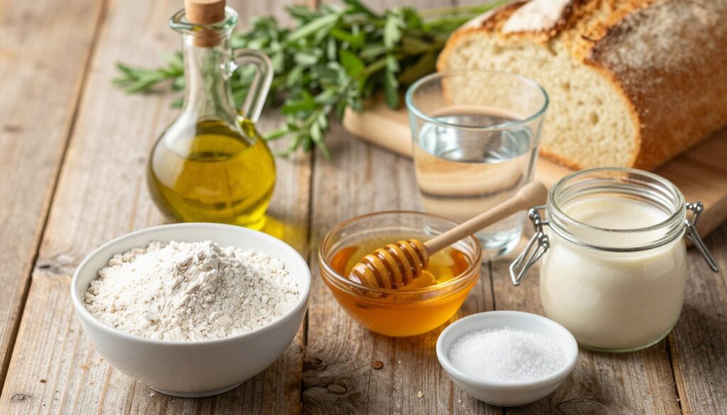 A beautifully arranged flat lay of essential gluten-free bread ingredients on a rustic wooden table. In the foreground, showcase a bowl of gluten-free flour, a jar of yeast, and a small dish with salt. In the middle layer, include a bottle of olive oil, a cup of warm water, and a bowl of honey, all artfully placed for visual harmony. In the background, softly blurred, add fresh herbs and a loaf of gluten-free bread, highlighting its soft texture. The lighting should be warm and inviting, simulating the glow of natural sunlight, creating a cozy atmosphere. Capture the scene from a slight overhead angle to emphasize the ingredients, enhancing the mood of home baking and culinary creativity. A beautifully arranged flat lay of essential gluten-free bread ingredients on a rustic wooden table. In the foreground, showcase a bowl of gluten-free flour, a jar of yeast, and a small dish with salt. In the middle layer, include a bottle of olive oil, a cup of warm water, and a bowl of honey, all artfully placed for visual harmony. In the background, softly blurred, add fresh herbs and a loaf of gluten-free bread, highlighting its soft texture. The lighting should be warm and inviting, simulating the glow of natural sunlight, creating a cozy atmosphere. Capture the scene from a slight overhead angle to emphasize the ingredients, enhancing the mood of home baking and culinary creativity.