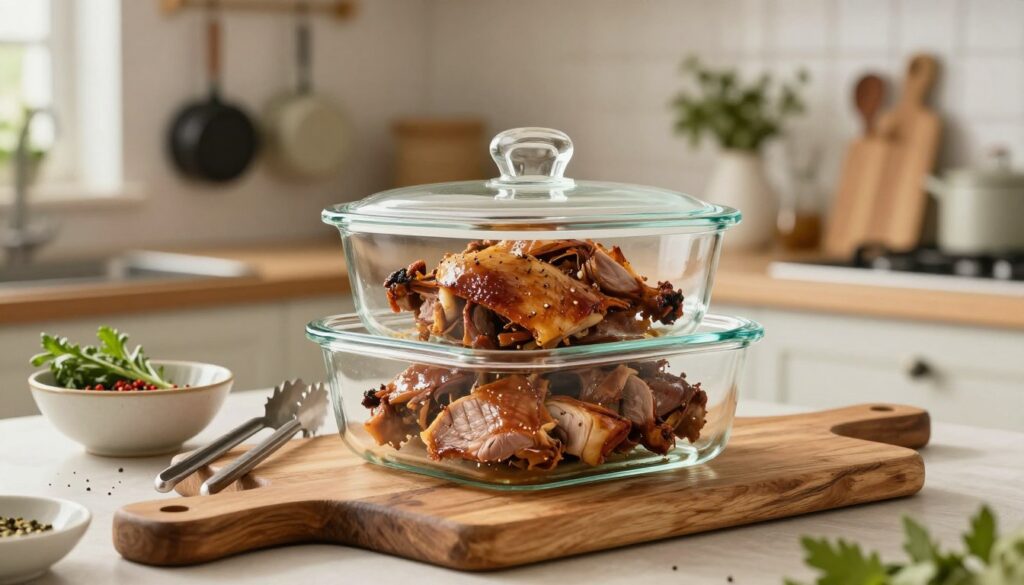 A beautifully arranged kitchen scene featuring leftover roasted duck, carefully stored in a neat glass container with a secure lid. In the foreground, the focus is on the juicy, tender duck pieces, glistening lightly under soft, warm kitchen lighting. The middle of the scene shows a rustic wooden cutting board with a pair of metal tongs and a ceramic bowl with herbs and spices, suggesting preparation for future meals. In the background, a cozy kitchen setting with soft-focus details like hanging pots, herbs on a windowsill, and kitchen utensils add warmth and vibrancy. The mood is inviting and homey, evoking a sense of delicious creativity in cooking. Shot with a shallow depth of field for an elegant, professional presentation.