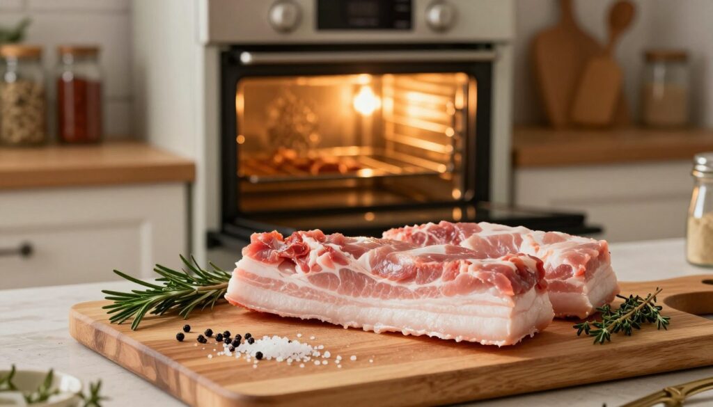 A beautifully arranged kitchen scene featuring raw pork belly being prepared for baking. In the foreground, a cutting board displays the pork belly, accented with fresh herbs like rosemary and thyme, alongside coarse sea salt and a sprinkle of black pepper. The middle layer shows a well-used oven, its door slightly ajar, with warm, golden light emanating from within, hinting at the cooking process. The background includes shelves stocked with spices and kitchen tools, emphasizing a cozy, inviting atmosphere. The lighting is warm and soft, casting gentle shadows that enhance the textures of the meat and herbs. Capture a sense of anticipation and comfort as the scene evokes the techniques for achieving juicy, perfectly baked pork belly.
