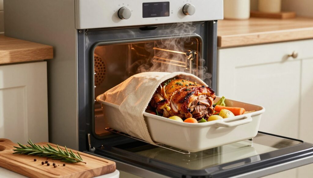 A beautifully arranged kitchen scene showcasing a succulent pork shoulder roasting in an oven-safe sleeve, which is partially opened to reveal the juicy meat surrounded by colorful vegetables, such as carrots and potatoes, glistening with herbs. The foreground features a wooden cutting board with a few spices and a sprig of rosemary neatly placed next to it. In the middle, the oven is open, emitting warm light that highlights the golden-brown crust of the meat, and steam rising from the opened sleeve. The background includes sleek kitchen appliances and light-colored cabinetry, adding a modern touch. The overall atmosphere is warm and inviting, evoking a sense of home-cooking comfort, with soft, diffused lighting creating a cozy ambiance.