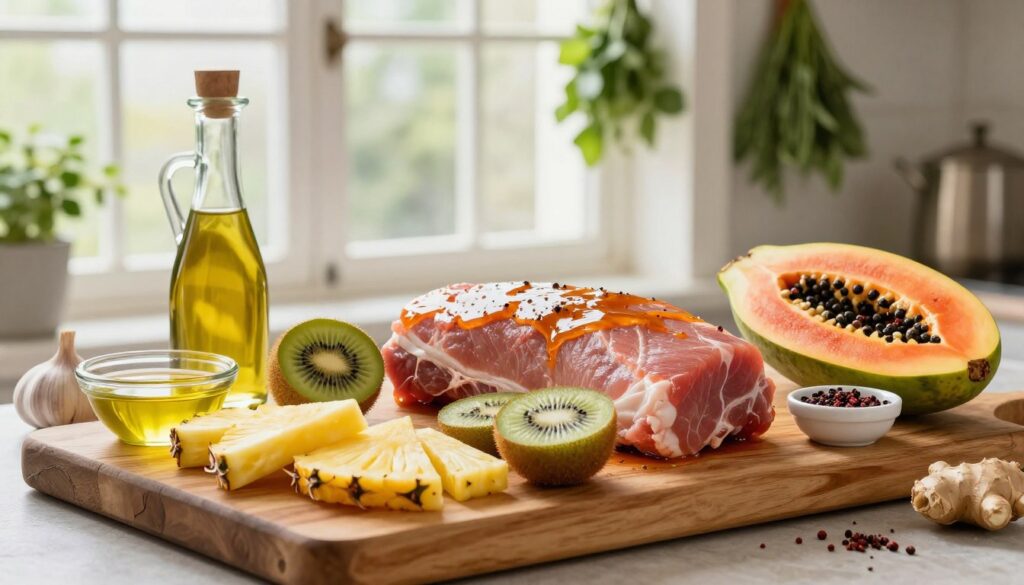 A beautifully arranged kitchen scene showcasing a variety of meat tenderizing ingredients. In the foreground, a rustic wooden cutting board holds a vibrant assortment of fresh ingredients such as pineapple slices, kiwi, and papaya, alongside bowls of olive oil, vinegar, and spices like garlic and ginger. The middle ground features a seasoned piece of pork neck, glistening with marinade, ready for cooking. In the background, soft natural light filters through large windows, illuminating fresh herbs hanging in bundles, creating a warm and inviting atmosphere. The camera angle is slightly angled downwards, capturing the richness of colors and textures. The overall mood is homey and culinary-focused, emphasizing the art of tenderizing meat for a flavorful dish.