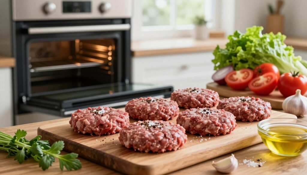 A beautifully arranged kitchen scene showcasing freshly prepared beef burgers ready for cooking. In the foreground, several raw beef patties are neatly placed on a wooden cutting board, seasoned with a sprinkle of salt and pepper. A selection of fresh herbs, garlic cloves, and a small bowl of olive oil can be seen nearby, emphasizing the preparation phase. The middle ground features a modern oven with the door slightly ajar, giving a glimpse of the preheated interior. In the background, soft natural light filters through a window, illuminating the vibrant colors of fresh vegetables like lettuce, tomatoes, and onions that are ready to garnish the burgers. The atmosphere is warm and inviting, capturing the essence of homemade cooking, with a slight hint of rustic charm.