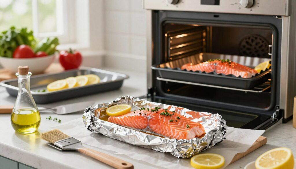 A beautifully arranged kitchen scene showcasing the technique for baking salmon. In the foreground, a fresh salmon fillet wrapped in shiny aluminum foil, glistening with herbs and lemon slices. Surrounding it are utensils like a spatula and a brush with olive oil, adding an inviting touch. The middle ground features an oven with the door open, displaying a baking tray with another salmon fillet in a cooking sleeve, demonstrating the different methods. In the background, soft natural light filters through a window, illuminating the vibrant colors of fresh vegetables on the counter, creating a warm and appetizing atmosphere. The mood is culinary and homely, perfect for a cooking article.