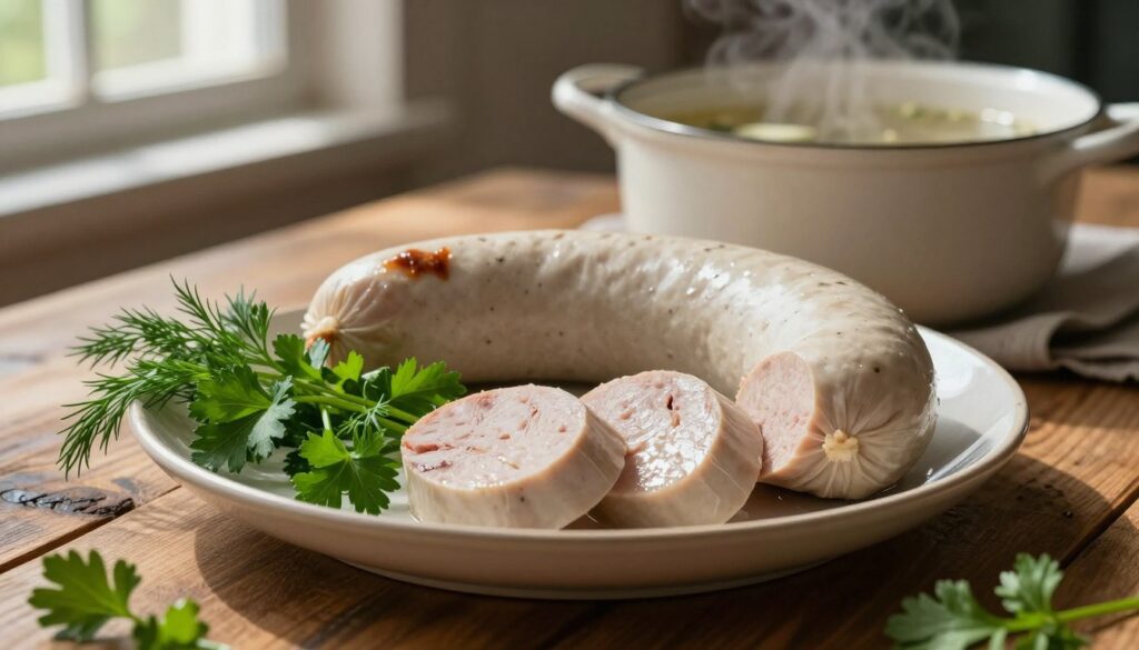 A beautifully arranged plate featuring białą kiełbasę, artfully placed on a rustic wooden table. The sausage, with its pale, smooth casing, is sliced to reveal tender, juicy meat inside, glistening with moisture. Surrounding the sausage are fresh herbs like parsley and dill, adding a pop of vibrant green. A pot of simmering broth sits in the background, with steam gently rising, enhancing the cooking atmosphere. Soft, natural lighting filters through a nearby window, casting warm shadows and highlighting textures. The focus is sharply on the sausage and herbs in the foreground, with a slight blur on the background elements to draw attention. Overall, the mood is cozy and inviting, perfect for a culinary discussion. A beautifully arranged plate featuring białą kiełbasę, artfully placed on a rustic wooden table. The sausage, with its pale, smooth casing, is sliced to reveal tender, juicy meat inside, glistening with moisture. Surrounding the sausage are fresh herbs like parsley and dill, adding a pop of vibrant green. A pot of simmering broth sits in the background, with steam gently rising, enhancing the cooking atmosphere. Soft, natural lighting filters through a nearby window, casting warm shadows and highlighting textures. The focus is sharply on the sausage and herbs in the foreground, with a slight blur on the background elements to draw attention. Overall, the mood is cozy and inviting, perfect for a culinary discussion.