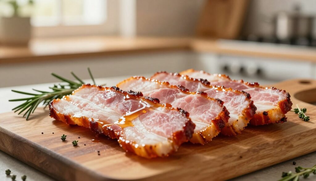 A beautifully arranged plate featuring slices of smoked bacon (boczek wędzony) glistening with a rich, savory glaze. In the foreground, the bacon is presented in a close-up view, showcasing its crispy edges and succulent pink center, highlighting the tenderness and juiciness that comes from proper cooking techniques. In the middle, a rustic wooden cutting board adds texture while garnishing herbs like rosemary and thyme enhance the aroma. The background is softly blurred, with a warm kitchen setting, including hints of cooking utensils and a gentle, inviting golden light filtering from a window, creating a cozy atmosphere. Overall, the image conveys a feeling of warmth and deliciousness, tempting viewers with the promise of flavor.