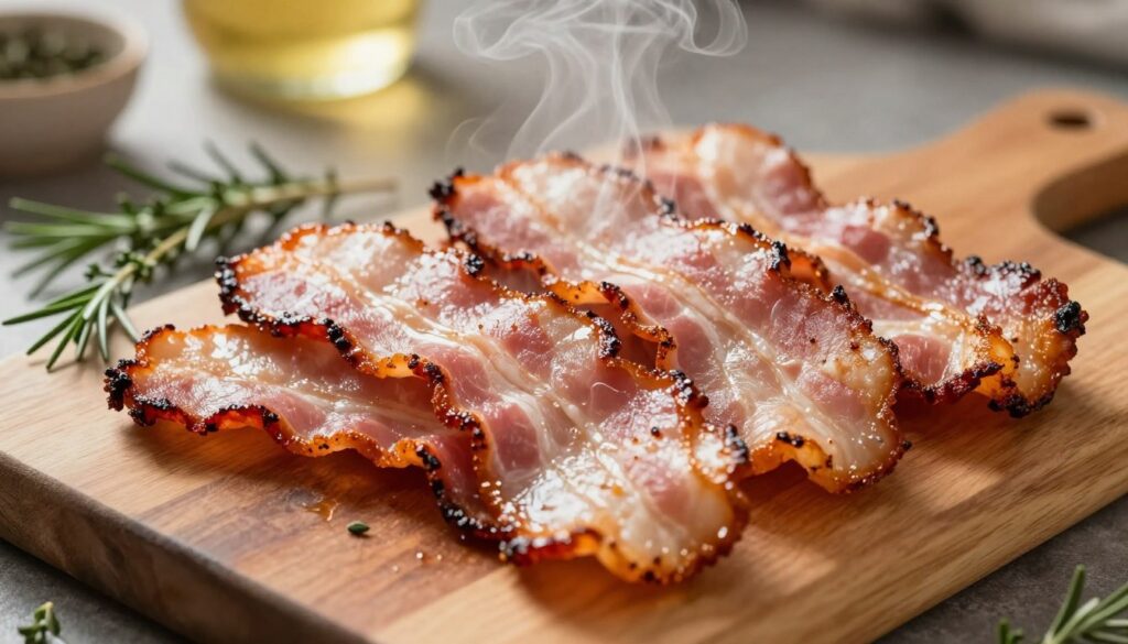 A beautifully arranged plate of freshly cooked smoked bacon, glistening with rich, savory flavors. The foreground features several slices of bacon, showcasing the perfect crispness and caramelized edges, steam rising gently to indicate warmth. In the middle, consider a rustic wooden cutting board, adding texture and warmth to the composition, with a few sprigs of fresh herbs like rosemary and thyme for garnish. The background features a softly blurred kitchen environment, illuminated by warm, natural lighting, suggesting a cozy cooking atmosphere. Capture the scene from a top-down angle to emphasize the inviting appearance of the bacon, enhancing the inviting mood that signals a delicious meal being prepared. A beautifully arranged plate of freshly cooked smoked bacon, glistening with rich, savory flavors. The foreground features several slices of bacon, showcasing the perfect crispness and caramelized edges, steam rising gently to indicate warmth. In the middle, consider a rustic wooden cutting board, adding texture and warmth to the composition, with a few sprigs of fresh herbs like rosemary and thyme for garnish. The background features a softly blurred kitchen environment, illuminated by warm, natural lighting, suggesting a cozy cooking atmosphere. Capture the scene from a top-down angle to emphasize the inviting appearance of the bacon, enhancing the inviting mood that signals a delicious meal being prepared.
