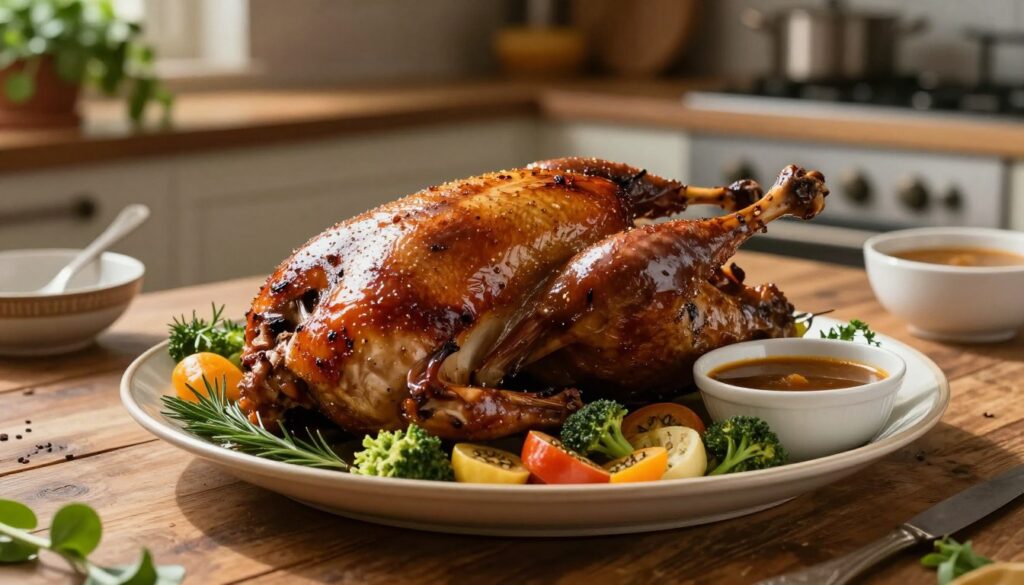A beautifully arranged roast goose on a rustic wooden table, glistening with a rich, aromatic marinade that highlights its golden-brown skin. Surrounding the goose are fresh herbs, colorful seasonal vegetables, and a small bowl of rich gravy, emphasizing the dish's hearty appeal. Soft, warm lighting enhances the inviting atmosphere, casting gentle shadows that accentuate the textures of the food. In the background, a softly blurred kitchen setting emerges, showcasing traditional cooking utensils and a hint of greenery from potted herbs, creating a cozy and homely vibe. Capture this scene from a slightly elevated angle to emphasize the details of the dish while maintaining a warm, inviting mood.
