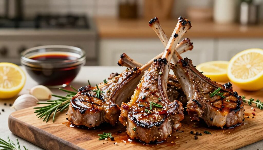 A beautifully arranged scene featuring marinated lamb chops, showcasing the vibrant colors of herbs and spices in the marinade. In the foreground, the lamb chops are grilled to perfection, glistening with a savory, rich glaze, garnished with fresh rosemary and thyme sprigs. The middle layer displays a rustic wooden cutting board, adorned with various marinade ingredients like garlic cloves, lemon slices, and a small bowl of balsamic vinegar, highlighting the marinade's depth of flavor. In the background, a softly blurred kitchen setting with warm, ambient lighting creates an inviting atmosphere, evoking a sense of culinary warmth and comfort. The angle captures the feast's enticing details, emphasizing the juicy, tender texture of the lamb. A beautifully arranged scene featuring marinated lamb chops, showcasing the vibrant colors of herbs and spices in the marinade. In the foreground, the lamb chops are grilled to perfection, glistening with a savory, rich glaze, garnished with fresh rosemary and thyme sprigs. The middle layer displays a rustic wooden cutting board, adorned with various marinade ingredients like garlic cloves, lemon slices, and a small bowl of balsamic vinegar, highlighting the marinade's depth of flavor. In the background, a softly blurred kitchen setting with warm, ambient lighting creates an inviting atmosphere, evoking a sense of culinary warmth and comfort. The angle captures the feast's enticing details, emphasizing the juicy, tender texture of the lamb.