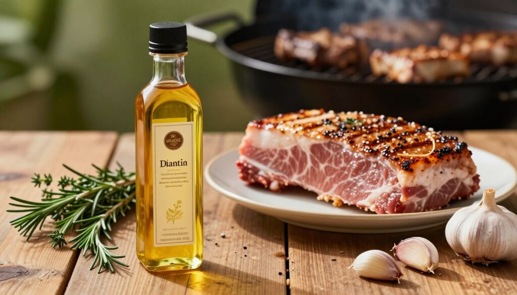 A beautifully arranged scene showcasing a bottle of high-quality, golden oil specifically for grilling pork neck, surrounded by ingredients that emphasize flavor. In the foreground, a rustic wooden table features the oil bottle with an elegant label, glistening under warm, natural light. Beside it, fresh herbs like rosemary and thyme, and whole garlic cloves create a harmonious composition. The middle ground displays a well-seasoned pork neck slice, ready for grilling, with visible marbling that suggests tenderness. In the background, a softly blurred grill with sizzling meat adds to the ambiance. The atmosphere is cozy and inviting, evoking the warmth of a summer barbecue, captured with a shallow depth of field to focus on the oil and ingredients.