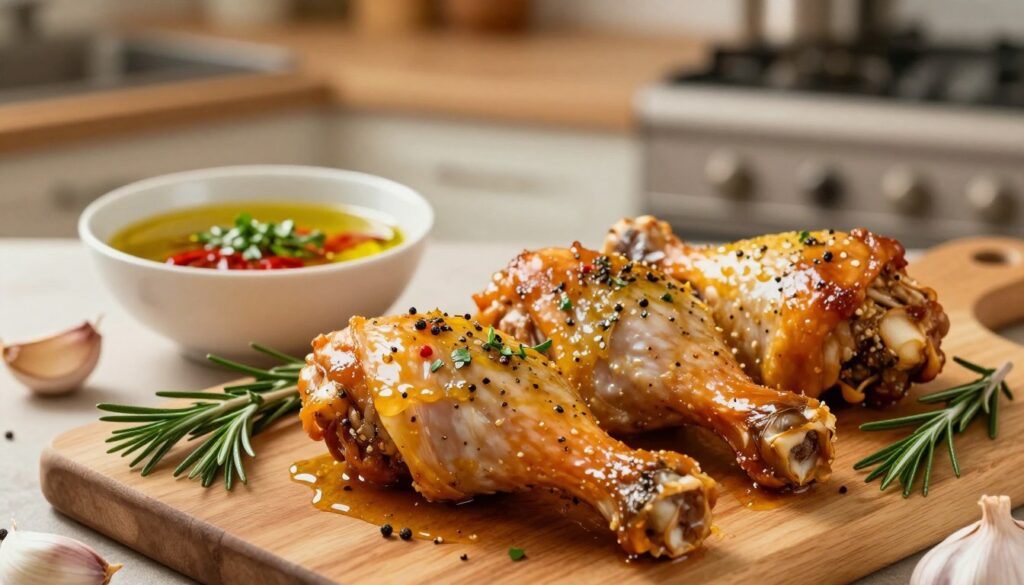 A beautifully arranged scene showcasing juicy chicken drumsticks marinated with herbs and spices. In the foreground, the drumsticks glisten with a rich, golden-brown glaze, set on a wooden cutting board surrounded by sprigs of rosemary and garlic cloves. In the middle ground, a small bowl holds a colorful marinade made of olive oil, paprika, and freshly chopped herbs, adding depth to the composition. The background features a soft focus of a cozy kitchen with warm lighting, enhancing the inviting atmosphere. The shot is taken from a slightly elevated angle, creating a sense of warmth and home-cooked comfort. The soft, diffused light highlights the textures of the chicken, emphasizing the preparation and marinating process for maximum flavor. A beautifully arranged scene showcasing juicy chicken drumsticks marinated with herbs and spices. In the foreground, the drumsticks glisten with a rich, golden-brown glaze, set on a wooden cutting board surrounded by sprigs of rosemary and garlic cloves. In the middle ground, a small bowl holds a colorful marinade made of olive oil, paprika, and freshly chopped herbs, adding depth to the composition. The background features a soft focus of a cozy kitchen with warm lighting, enhancing the inviting atmosphere. The shot is taken from a slightly elevated angle, creating a sense of warmth and home-cooked comfort. The soft, diffused light highlights the textures of the chicken, emphasizing the preparation and marinating process for maximum flavor.
