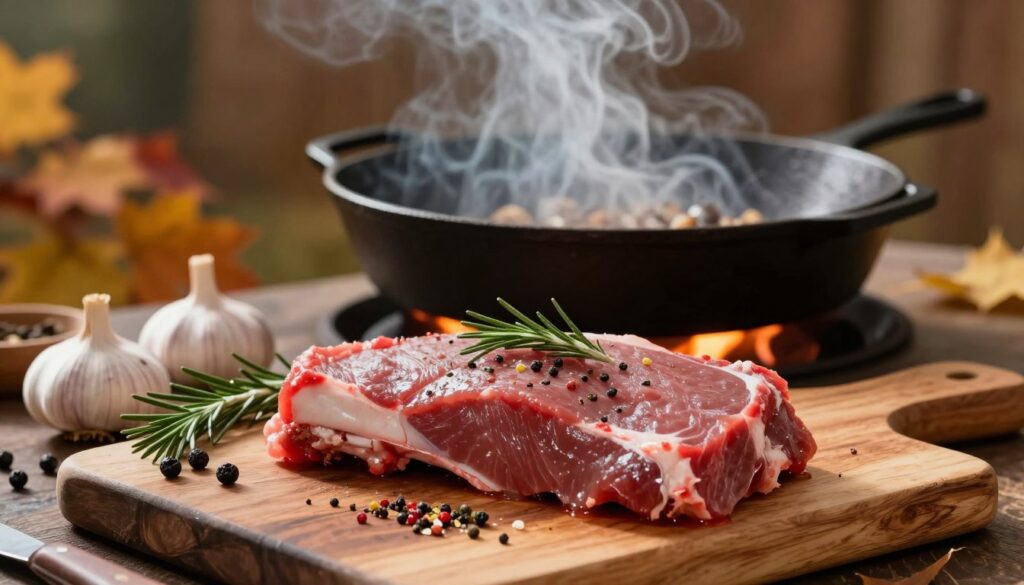 A beautifully arranged scene showcasing the thermal processing of venison. In the foreground, a perfectly marinated piece of deer meat sits on a rustic wooden cutting board, glistening with spices and herbs. Next to it, an assortment of fresh ingredients like garlic, rosemary, and juniper berries are displayed, hinting at the marinade's flavor. In the middle ground, a cast iron skillet is sizzling on an open flame, with smoke swirling upwards, creating an inviting atmosphere. The background features softly blurred autumn foliage, enhancing the seasonal aspect of cooking game meat. The warm lighting creates a cozy, rustic mood, and the composition suggests the comforts of home cooking. The angle captures both the food and the fire, emphasizing the artisanal nature of the dish.