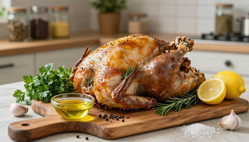 A beautifully arranged selection of the best ingredients for a homemade turkey marinade, showcasing fresh herbs like rosemary, thyme, and parsley, alongside vibrant vegetables such as garlic cloves and sliced lemons. In the foreground, a wooden cutting board displays a small bowl of olive oil and spices like black pepper and sea salt. The middle ground features a rustic kitchen setting with soft, natural lighting that highlights the rich colors of the ingredients. The background includes blurry shelves filled with jars of spices and a hint of greenery. The atmosphere is warm and inviting, evoking a sense of healthy, home-cooked meals. The perspective is slightly above eye-level, providing an inviting view into the preparation of a flavorful turkey marinade. A beautifully arranged selection of the best ingredients for a homemade turkey marinade, showcasing fresh herbs like rosemary, thyme, and parsley, alongside vibrant vegetables such as garlic cloves and sliced lemons. In the foreground, a wooden cutting board displays a small bowl of olive oil and spices like black pepper and sea salt. The middle ground features a rustic kitchen setting with soft, natural lighting that highlights the rich colors of the ingredients. The background includes blurry shelves filled with jars of spices and a hint of greenery. The atmosphere is warm and inviting, evoking a sense of healthy, home-cooked meals. The perspective is slightly above eye-level, providing an inviting view into the preparation of a flavorful turkey marinade.