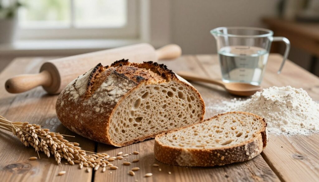 A beautifully arranged still-life of whole grain rye bread (chleb razowy) displayed on a rustic wooden table. In the foreground, the crusty loaf, golden-brown with a textured surface, is sliced open to reveal its soft, moist, and airy crumb. Surrounding the bread, scattered grains of rye and a small bowl of flour elegantly emphasize the key ingredients. In the middle ground, a rolling pin and a wooden spoon rest beside a measuring cup filled with water, hinting at the preparation process. In the background, soft natural light filters in through a window, casting gentle shadows and creating a warm, inviting atmosphere. The angle captures the essence of home baking, evoking feelings of comfort and artisanal craftsmanship.