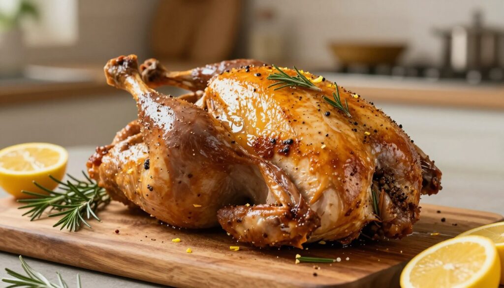 A beautifully arranged turkey breast, glistening with a marinade that highlights its succulent texture. In the foreground, focus on the juicy, golden-brown turkey breast, marinated with herbs and spices, showcasing hints of rosemary, garlic, and lemon zest. In the middle ground, a rustic wooden cutting board is adorned with fresh herbs and citrus slices, enhancing the atmosphere of freshness and flavor. The background features a softly blurred kitchen setting, with warm, ambient light illuminating the scene, creating a cozy and inviting mood. The image captures the essence of a culinary masterpiece, accentuating the importance of marinade in elevating the turkey’s taste and tenderness. The angle is slightly elevated, providing a clear view of the dish, while ensuring a professional and appetizing presentation.