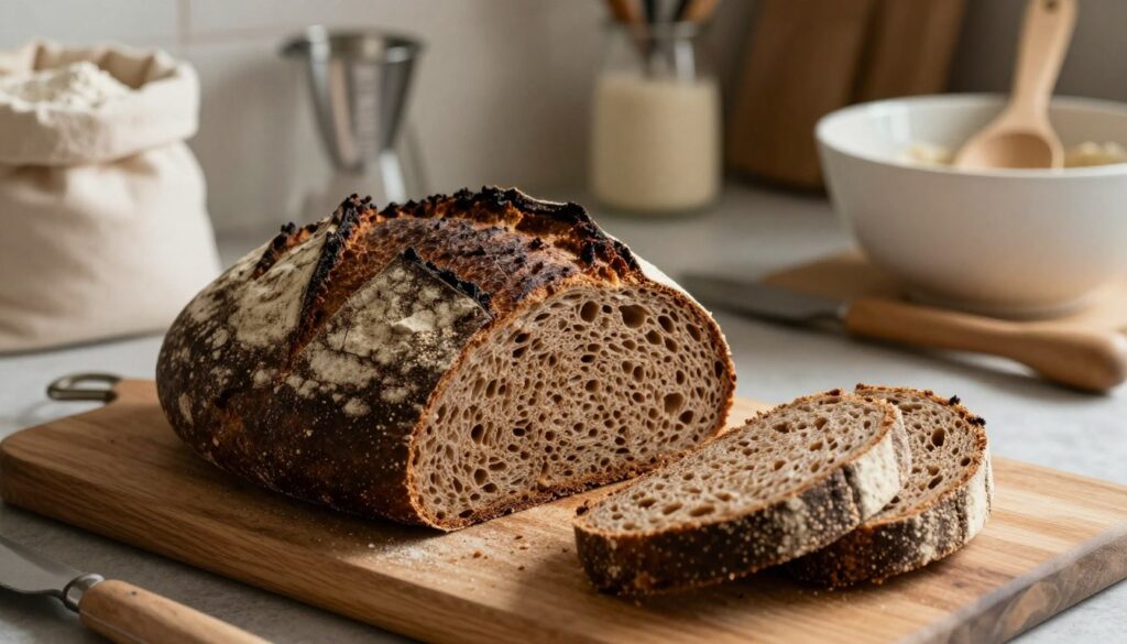 A beautifully baked "chleb żytni," showcasing a dark, crusty exterior with a rustic, artisanal appearance. In the foreground, the loaf is placed on a wooden cutting board, with a few slices cut to reveal its moist, dense interior, emphasizing the rich, earthy color of rye flour. The background features a cozy kitchen with soft, warm lighting, highlighting a few baking tools like a flour sack, measuring cups, and a rising dough bowl. The atmosphere conveys a sense of warmth and tradition, suggesting a handcrafted approach to bread-making. The image is shot from a slightly elevated angle, focusing on the textures of the bread and surrounding elements without any text or distractions.