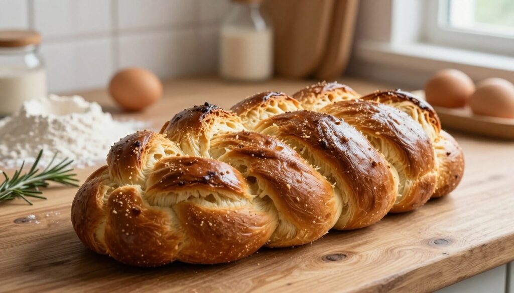A beautifully baked, fluffy challah bread sits prominently in the foreground, showcasing its golden-brown crust with a shiny glaze. The intricate braids are perfectly formed, revealing a soft, airy interior when slightly pulled apart, suggesting freshness and warmth. In the middle ground, a rustic wooden table adds warmth and texture, while fresh ingredients such as scattered flour, eggs, and a sprig of rosemary enhance the scene. Soft, diffused natural light filters in from a nearby window, casting gentle shadows and highlighting the bread's sheen. The background is subtly blurred to keep the focus on the bread, creating a cozy and inviting kitchen atmosphere. The overall mood is warm and homely, evoking a sense of comfort and the joy of baking. A beautifully baked, fluffy challah bread sits prominently in the foreground, showcasing its golden-brown crust with a shiny glaze. The intricate braids are perfectly formed, revealing a soft, airy interior when slightly pulled apart, suggesting freshness and warmth. In the middle ground, a rustic wooden table adds warmth and texture, while fresh ingredients such as scattered flour, eggs, and a sprig of rosemary enhance the scene. Soft, diffused natural light filters in from a nearby window, casting gentle shadows and highlighting the bread's sheen. The background is subtly blurred to keep the focus on the bread, creating a cozy and inviting kitchen atmosphere. The overall mood is warm and homely, evoking a sense of comfort and the joy of baking.