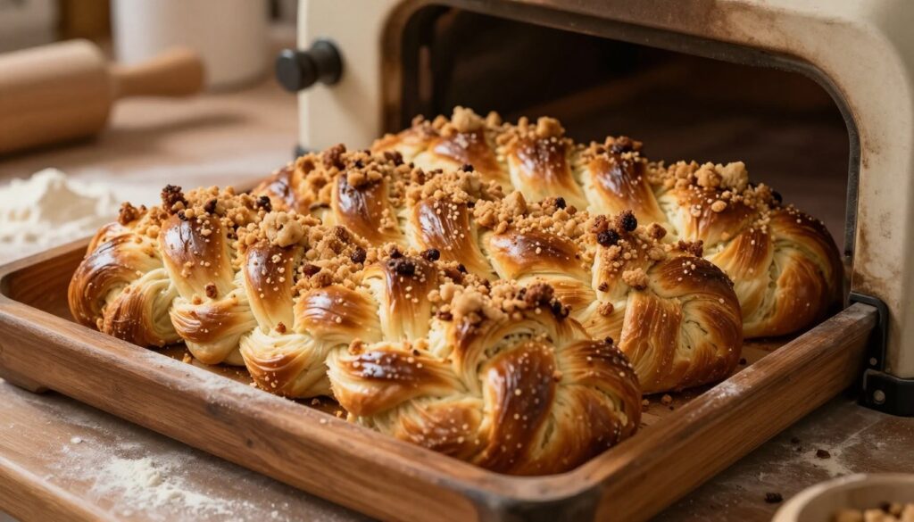 A beautifully braided sweet bread, known as "warkocz z kruszonką," emerges from a rustic wooden oven, gleaming with a golden-brown crust. In the foreground, the loaf is adorned with a crunchy crumble topping, showcasing a satisfying texture that hints at its delicious flavor. The middle section captures the intricate braiding of the dough, emphasizing its fluffy and airy interior. Soft, warm lighting bathe the scene, creating a cozy and inviting atmosphere. In the background, a softly blurred kitchen setting reveals hints of baking tools and flour-dusted surfaces, enhancing the artisanal feel. The angle is slightly elevated, focusing on the bread while allowing for a glimpse of the comforting kitchen ambiance, evoking a sense of home-cooked warmth and delicious anticipation. A beautifully braided sweet bread, known as "warkocz z kruszonką," emerges from a rustic wooden oven, gleaming with a golden-brown crust. In the foreground, the loaf is adorned with a crunchy crumble topping, showcasing a satisfying texture that hints at its delicious flavor. The middle section captures the intricate braiding of the dough, emphasizing its fluffy and airy interior. Soft, warm lighting bathe the scene, creating a cozy and inviting atmosphere. In the background, a softly blurred kitchen setting reveals hints of baking tools and flour-dusted surfaces, enhancing the artisanal feel. The angle is slightly elevated, focusing on the bread while allowing for a glimpse of the comforting kitchen ambiance, evoking a sense of home-cooked warmth and delicious anticipation.