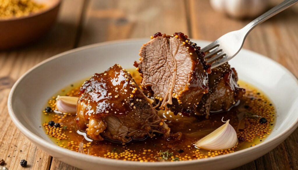 A beautifully cooked golonka, glistening with a rich, savory glaze, is the central focus of the image. Juicy, tender meat is shown with a fork gently pulling apart the succulent flesh, highlighting its tender texture. Surrounding the golonka, a sophisticated marinade in an elegant dish—a blend of spices and herbs, including garlic, mustard seeds, and cracked pepper—adds a vibrant, colorful backdrop. In the background, a rustic wooden table enhances the homely atmosphere. The lighting is warm and inviting, reminiscent of a cozy kitchen during golden hour, casting soft shadows that emphasize the dish's appetizing features. The scene should evoke a sense of comfort and culinary delight, enticing the viewer with the promise of deep flavor and tender meat.