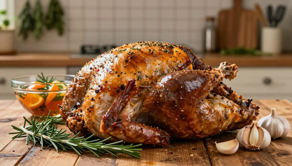 A beautifully marinated turkey resting on a rustic wooden table, showcasing a rich mixture of herbs and spices glistening on its surface. In the foreground, fresh rosemary sprigs and garlic cloves are scattered artfully around the turkey, emphasizing its flavorful preparation. The middle ground features a glass bowl filled with a vibrant marinade, reflecting the colors of fresh citrus and herbs, hinting at the aromatic infusion. In the background, a softly lit kitchen setting creates a warm and inviting atmosphere, with herbs hanging and kitchen utensils visible. The lighting is warm and natural, casting gentle shadows that enhance the textures of the turkey and ingredients. The composition captures the essence of preparing a perfectly marinated turkey for grilling, evoking a sense of anticipation and deliciousness. A beautifully marinated turkey resting on a rustic wooden table, showcasing a rich mixture of herbs and spices glistening on its surface. In the foreground, fresh rosemary sprigs and garlic cloves are scattered artfully around the turkey, emphasizing its flavorful preparation. The middle ground features a glass bowl filled with a vibrant marinade, reflecting the colors of fresh citrus and herbs, hinting at the aromatic infusion. In the background, a softly lit kitchen setting creates a warm and inviting atmosphere, with herbs hanging and kitchen utensils visible. The lighting is warm and natural, casting gentle shadows that enhance the textures of the turkey and ingredients. The composition captures the essence of preparing a perfectly marinated turkey for grilling, evoking a sense of anticipation and deliciousness.