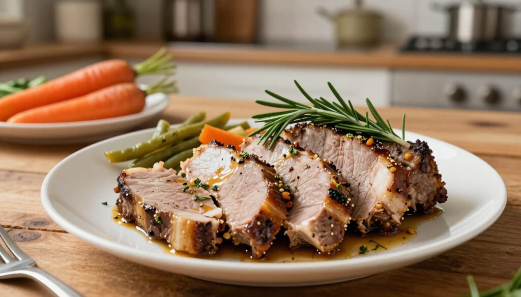 A beautifully presented dish of "karkówkę" (pork neck) prominently displayed on a rustic wooden table. The focus is on the succulent slices of meat, glistening with a rich, aromatic marinade that showcases herbs and spices. Juicy, tender pieces are arranged artfully on a simple white plate, garnished with sprigs of fresh rosemary and a side of colorful seasonal vegetables like roasted carrots and green beans. In the background, a softly blurred kitchen setting with warm, inviting lighting, evoking a cozy atmosphere. The angle captures the dish from slightly above, emphasizing the texture of the meat and the vibrant colors of the garnishes. The overall mood is warm and inviting, perfect for serving the dish both hot and cold.