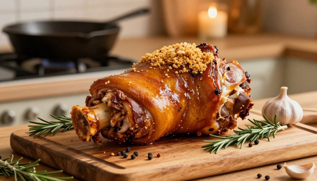 A beautifully presented marinated pork knuckle, glistening with a rich, golden-brown crust, displayed on a rustic wooden cutting board. The pork knuckle is surrounded by an array of vibrant herbs and spices, such as rosemary, garlic, and peppercorns, emphasizing the marination process. In the background, a warm kitchen setting is visible with soft, ambient lighting that casts a cozy glow on the scene. A cast-iron skillet, slightly blurred, is placed on a stove, hinting at the cooking process. The overall atmosphere is inviting and comforting, capturing the essence of hearty home cooking, perfect for a festive gathering. Use a shallow depth of field to focus on the flavorful details of the knuckle while softly blurring the background.