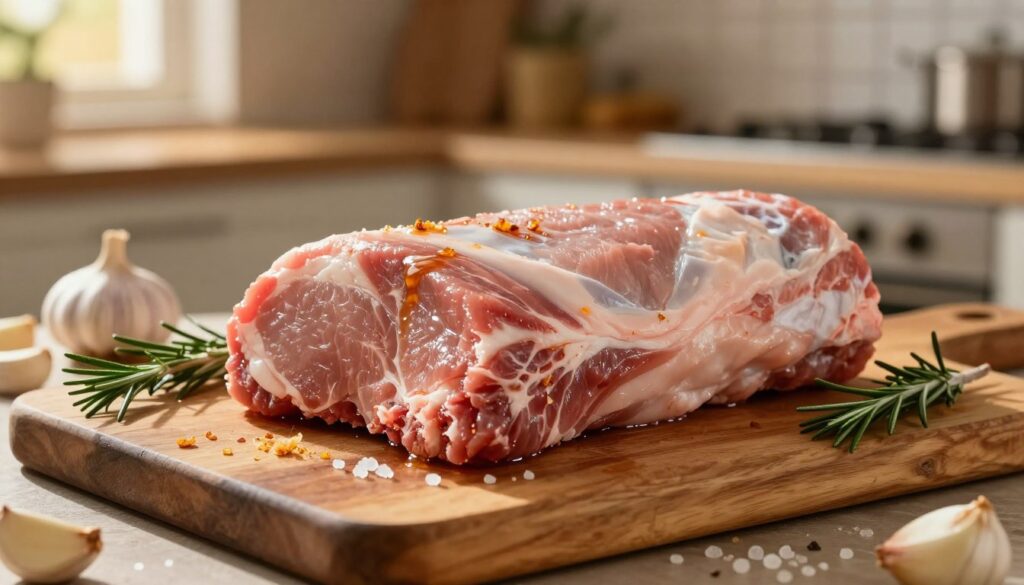 A beautifully presented raw pork neck (karkówkę) lay on a rustic wooden cutting board, glistening with a light sheen of marinade. The focus is on the marbled texture of the meat, highlighting the rich colors of pink and white fat. Surrounding the pork are fresh ingredients – sprigs of rosemary, crushed garlic cloves, and a scattering of coarse sea salt, creating a vibrant, appetizing scene. In the background, a softly blurred kitchen setting adds warmth, with a hint of an oven and herbs on a shelf, suggesting a cozy cooking atmosphere. The lighting is warm and inviting, mimicking the golden hour with soft sunlight filtering through a kitchen window, casting gentle shadows. The image captures the essence of preparation and anticipation, perfect for conveying the importance of marinating meat for optimal flavor and moisture.
