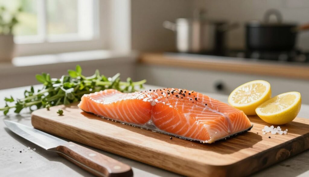 A beautifully presented salmon fillet, glistening with natural oils and spices, placed on a rustic wooden cutting board. In the foreground, a pair of sharp kitchen knives with wooden handles lies nearby, hinting at the preparation process. The middle ground features fresh ingredients such as scattered herbs, slices of lemon, and a sprinkle of sea salt around the fillet, enhancing the vibrant colors of the fish. Soft, natural light filters in from a window, casting a warm glow and creating gentle shadows that highlight the texture of the fish. The background is softly blurred, showing a cozy kitchen setting with pots and pans, creating an inviting atmosphere perfect for culinary creativity. The overall mood is fresh, inviting, and appetizing, ideal for showcasing the care taken in selecting and preparing the salmon.