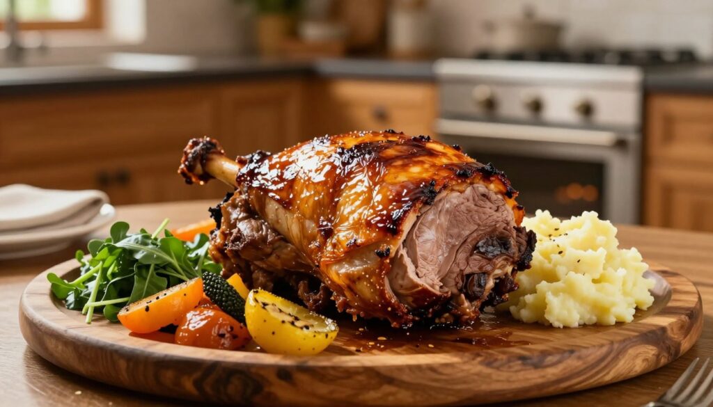 A beautifully roasted boczek pieczony, glistening with a golden-brown crust, sits enticingly on a rustic wooden platter. The richly caramelized surface reflects gentle light, showcasing the crispy skin and juicy, tender meat. Surrounding the pork, vibrant sides such as creamy mashed potatoes, fresh garden greens, and colorful roasted vegetables add depth and contrast to the dish. In the background, a softly lit kitchen ambiance with warm wooden cabinets and a gently glowing oven creates a cozy atmosphere. The scene is captured from a slight overhead angle, emphasizing the richness of the meal while inviting the viewer into a homely dining experience. The lighting is warm and inviting, enhancing the appeal of the dish.