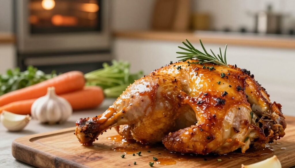 A beautifully roasted chicken leg quarter glistening with a golden-brown glaze, perfectly crisp skin showcasing herbs like rosemary and thyme sprinkled on top. The foreground features a close-up of the chicken, with juicy juices glistening on the surface. In the middle, there is a rustic wooden cutting board adorned with fresh vegetables like carrots and garlic cloves, suggesting a hearty meal. The background includes a soft-focus kitchen ambiance with warm lighting, highlighting an oven in the distance. The overall mood is inviting and warm, evoking the delicious process of baking succulent chicken. A shallow depth of field enhances the focus on the chicken, creating an appetizing, mouth-watering atmosphere without any text or distractions. A beautifully roasted chicken leg quarter glistening with a golden-brown glaze, perfectly crisp skin showcasing herbs like rosemary and thyme sprinkled on top. The foreground features a close-up of the chicken, with juicy juices glistening on the surface. In the middle, there is a rustic wooden cutting board adorned with fresh vegetables like carrots and garlic cloves, suggesting a hearty meal. The background includes a soft-focus kitchen ambiance with warm lighting, highlighting an oven in the distance. The overall mood is inviting and warm, evoking the delicious process of baking succulent chicken. A shallow depth of field enhances the focus on the chicken, creating an appetizing, mouth-watering atmosphere without any text or distractions.