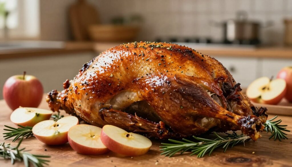A beautifully roasted duck, glistening with a crisp golden-brown skin, rests elegantly on a rustic wooden table. The duck is seasoned with a sprinkle of aromatic herbs and surrounded by slices of tart apples and sprigs of fresh rosemary, adding a pop of color and freshness. In the background, a softly lit kitchen ambiance showcases warm, ambient lighting, creating a cozy atmosphere. The foreground highlights the texture of the duck's crispy skin, while the apple slices reflect subtle highlights, enhancing their freshness. Use a shallow depth of field to create a soft blur in the background, ensuring the focus remains on the succulent duck. The overall mood is inviting and appetizing, perfect for showcasing the key ingredients and flavors of this aromatic dish.