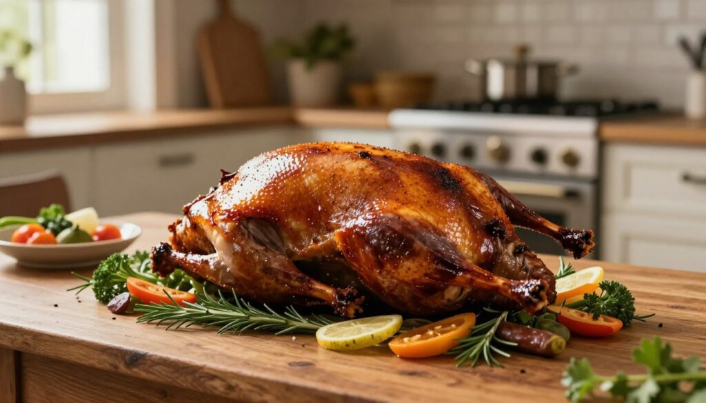 A beautifully roasted duck, glistening with a crispy golden-brown skin, is placed on a rustic wooden table. The duck is surrounded by an enticing array of garnishes, including fresh herbs and colorful vegetables, which enhance its allure. The background showcases a warm, softly lit kitchen with an oven in use, hinting at the technique of oven roasting. Soft, natural light pours in through a nearby window, illuminating the succulent meat and creating a cozy atmosphere. The scene is framed from a slightly elevated angle, emphasizing the textures and colors of the dish while captivating the viewer's attention. This composition evokes a sense of comfort and culinary mastery, perfect for showcasing the art of roasting duck.