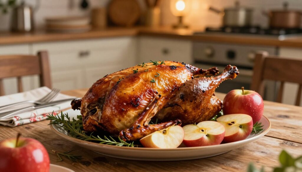 A beautifully roasted duck stuffed with apples, presented on a plate as the focal point in the foreground. The duck is golden-brown with crisp skin, garnished with fresh herbs and surrounded by shiny, red apples sliced open to reveal their juicy insides. In the middle ground, a rustic wooden table is adorned with a traditional tablecloth and simple, elegant cutlery, enhancing the homely feel. The background features a softly lit kitchen scene, with warm lighting creating an inviting atmosphere. The image is captured in a shallow depth of field, focusing on the duck and the apples, while the kitchen remains slightly blurred. The mood is warm and appetizing, ideal for showcasing culinary techniques with a focus on fruit stuffing. A beautifully roasted duck stuffed with apples, presented on a plate as the focal point in the foreground. The duck is golden-brown with crisp skin, garnished with fresh herbs and surrounded by shiny, red apples sliced open to reveal their juicy insides. In the middle ground, a rustic wooden table is adorned with a traditional tablecloth and simple, elegant cutlery, enhancing the homely feel. The background features a softly lit kitchen scene, with warm lighting creating an inviting atmosphere. The image is captured in a shallow depth of field, focusing on the duck and the apples, while the kitchen remains slightly blurred. The mood is warm and appetizing, ideal for showcasing culinary techniques with a focus on fruit stuffing.