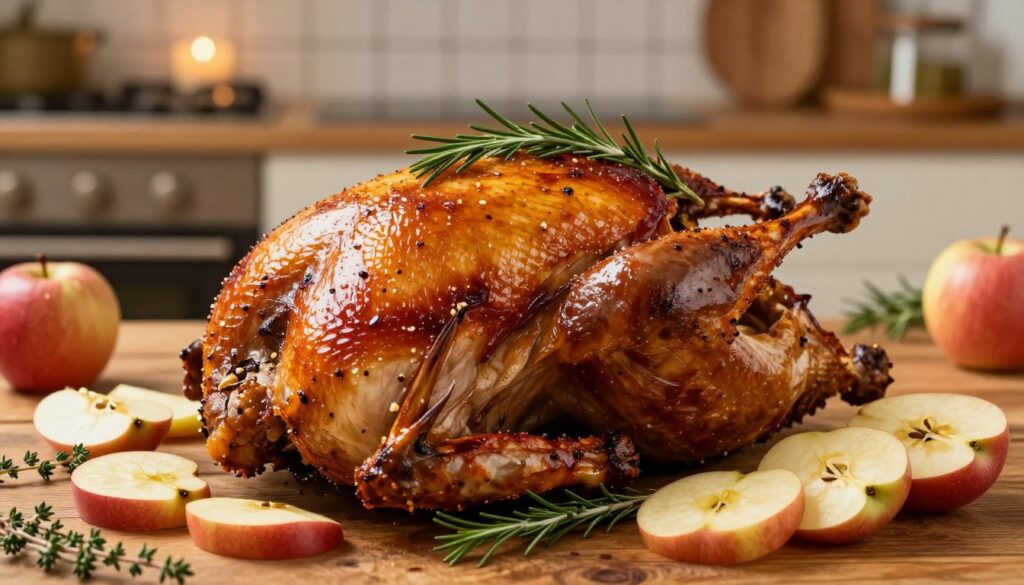 A beautifully roasted duck with a crispy, golden-brown skin, garnished with fresh rosemary and apples. The duck is positioned center-stage on a rustic wooden table, showcasing its succulent flesh and the appealing texture of the skin. Surrounding the duck are scattered apple slices and sprigs of thyme, adding color and vibrancy. In the background, a softly blurred kitchen setting with warm, inviting ambient light enhances the homey atmosphere. The shot is captured from a slightly elevated angle, inviting the viewer to appreciate the careful presentation. The lighting is warm and natural, emphasizing the crispy texture of the skin, evoking a sense of comfort and culinary delight.
