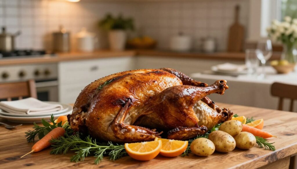 A beautifully roasted goose sits prominently on a rustic wooden table in the foreground, glistening with a golden-brown skin, garnished with fresh herbs and citrus fruits. The middle ground features a gentle array of seasonal vegetables like carrots and potatoes, artfully arranged around the bird, enhancing the home-cooked vibe. In the background, a softly lit kitchen setting with warm, ambient lighting invokes a cozy atmosphere—a hint of an elegant dining area can be glimpsed, with tastefully set tableware, conveying a sense of occasion. Use a shallow depth of field to focus on the goose, capturing the rich textures and colors, while keeping the background slightly blurred. The mood is inviting and comforting, perfect for a festive gathering.