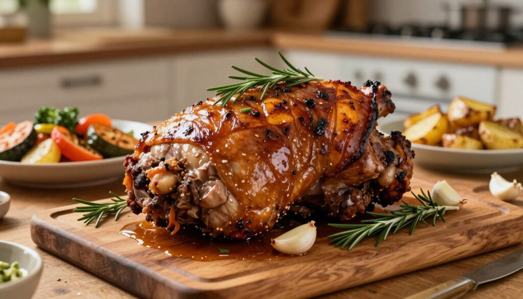 A beautifully roasted "karczek" (pork shoulder) showcased as the centerpiece of a rustic wooden table. The karczek is golden-brown and glistening with juices, garnished with fresh rosemary and garlic cloves. Surrounding it are vibrant side dishes, including roasted seasonal vegetables and crispy potatoes, creating a warm, inviting atmosphere. In the background, soft, ambient lighting highlights the textures of the meat and the richness of the sides, evoking a cozy kitchen setting. The scene is captured from a slightly elevated angle, emphasizing the depth of the dish while maintaining focus on the succulent karczek. The entire ambiance is filled with a sense of homeliness and mouthwatering appeal, inviting viewers to imagine the delicious flavors contained within.