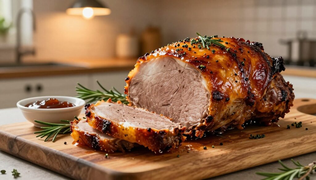 A beautifully roasted schab pieczony, perfectly glazed with herbs and spices, displayed on a rustic wooden cutting board. The foreground showcases the succulent meat with crispy, golden-brown skin, glistening from the juices. In the middle, delicate garnishes of fresh rosemary and thyme add pops of green color, while a small dish of tangy sauce complements the dish. The background features a softly lit kitchen setting, with warm, inviting light illuminating the scene from a vintage hanging lamp above. The mood is cozy and homey, capturing the essence of comforting home cooking. The angle is slightly overhead, emphasizing the texture and details of the roasted pork, inviting the viewer to imagine the mouth-watering aroma.