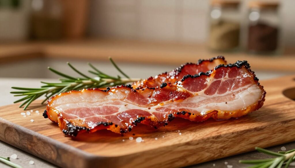 A beautifully smoked bacon slice, glistening with a rich, deep mahogany hue, showcasing its crispy edges and glistening fat. In the foreground, the bacon displays an appetizing sheen as light catches its surface, highlighting the intricate marbling and smoky texture. In the middle, feature a rustic wooden cutting board adorned with rosemary and coarse sea salt to enhance the scene's natural, culinary atmosphere. The background should softly blur with a warm, inviting kitchen setting, incorporating hints of wooden shelves and jars of spices, evoking a homely feel. Use warm, diffuse lighting to create a cozy ambiance, focusing on a shallow depth of field to ensure the bacon slice remains the focal point, drawing the viewer into its tantalizing aroma and flavor.