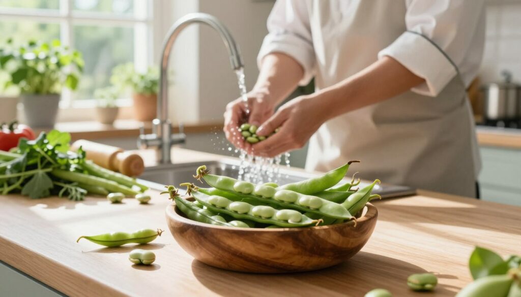 A bright and inviting kitchen scene featuring fresh broad beans (bób) in the foreground, displayed in a rustic wooden bowl with a few scattered beans around. The middle ground showcases a chef in modest casual clothing, carefully rinsing the beans under a gentle stream of water. Sunlight streams in through a nearby window, illuminating the kitchen and creating soft highlights on the countertops, with herbs and other vegetables arranged artfully around. In the background, a vibrant herb garden is visible through the window, enhancing the fresh and wholesome atmosphere. The overall mood is warm and inviting, emphasizing the joy of cooking and utilizing fresh ingredients in a home kitchen setting.