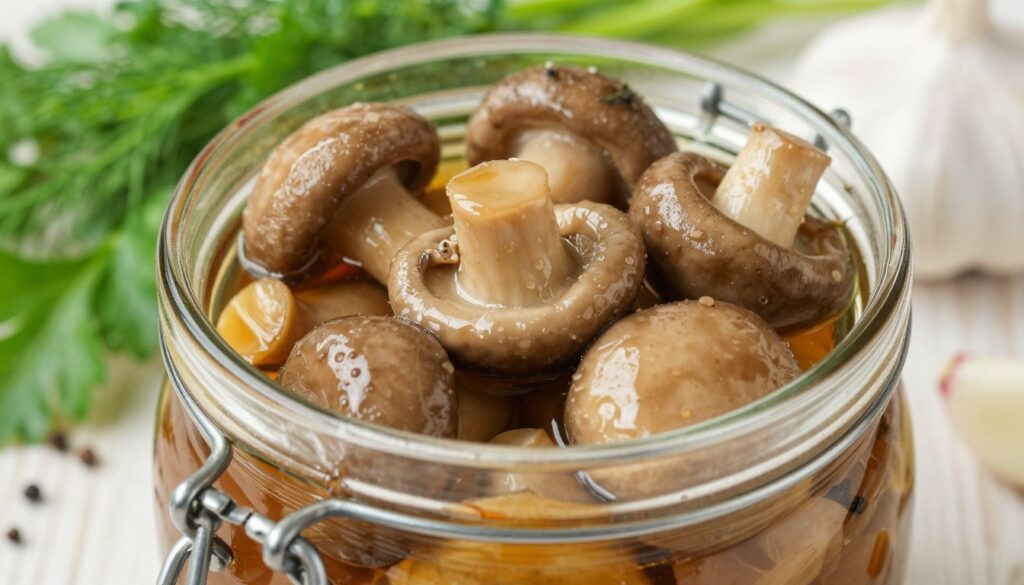 A clear, close-up view of marinated mushrooms, elegantly presented in a glass jar filled with a rich, amber-colored vinegar brine infused with herbs and spices. The mushrooms, a mix of button, shiitake, and oyster varieties, glisten with moisture, showcasing their smooth textures. In the background, softly blurred, there are fresh herbs like dill and parsley, as well as garlic cloves, hinting at the ingredients used in the marinade. The setting is well-lit, reflecting natural light that highlights the vibrant colors of the mushrooms and brine, creating an inviting and appetizing atmosphere. The composition is warm and inviting, designed to evoke a sense of tradition and culinary expertise.