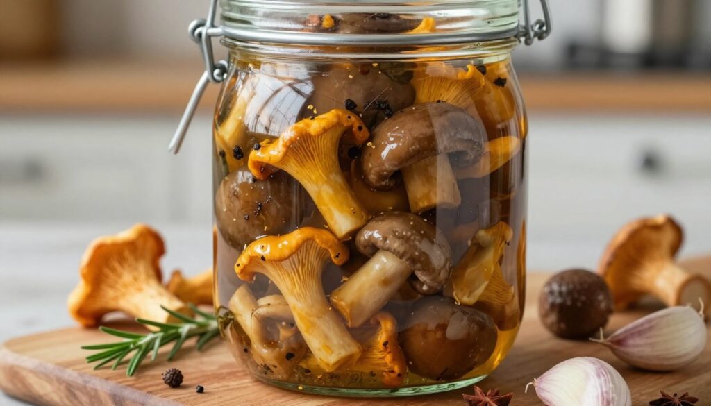 A close-up arrangement of beautifully marinated mushrooms in a glass jar, showcasing various types of mushrooms like chanterelles and boletes. The jar is filled with a glossy, amber marinade infused with spices and herbs, reflecting light to create an inviting sheen. Surrounding the jar, fresh herbs, a few whole spices, and garlic cloves add a rustic touch, while a wooden cutting board forms the base. Soft, natural lighting highlights the textures of the mushrooms and marinade, creating a warm and cozy atmosphere. In the background, a blurred kitchen setting suggests a homely environment, enhancing the theme of homemade preservation. The angle is slightly elevated, allowing a clear view of the jar and its contents without any text or overlays.