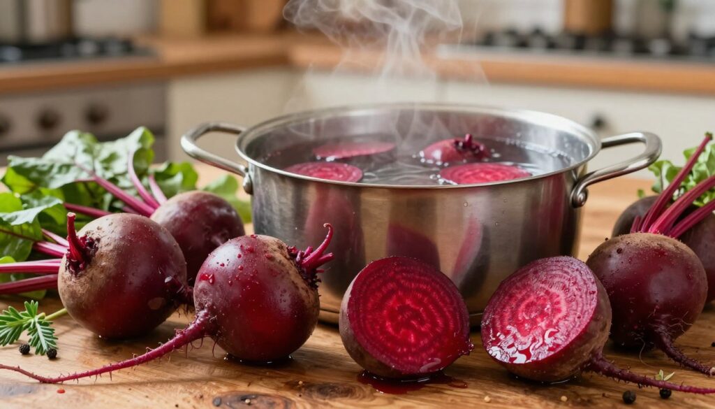 A close-up composition of fresh, vibrant red beetroots, glistening with moisture, showcasing various sizes and shapes. Arrange the beetroots artfully on a rustic wooden kitchen table, surrounded by ingredients related to cooking, such as herbs and spices. The foreground features a few beetroots with their leafy greens still attached, emphasizing freshness. In the middle ground, showcase a pot filled with simmering water, with some of the smaller beetroots just entering the liquid, creating a slight steam effect. The background softly blurs into a warm, inviting kitchen ambiance, with soft, natural lighting illuminating the scene. Convey a cozy and wholesome atmosphere, inviting the viewer to explore the process of cooking these root vegetables.
