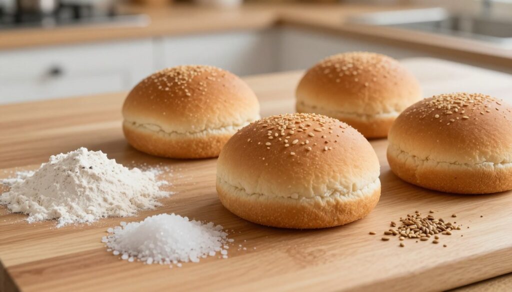 A close-up flat lay image of hamburger buns on a wooden table, highlighting the ingredients list visibly displayed next to them. The buns should be freshly baked, with a golden-brown crust and a soft texture. Various ingredients such as flour, yeast, salt, and seeds should be arranged artistically around the buns. In the background, a slightly blurred kitchen setting can be seen, emphasizing a warm and inviting atmosphere. Soft, natural lighting illuminates the scene, creating a cozy feel. The focus is sharp on the buns and ingredients, with a shallow depth of field to draw attention to the details of the bread composition. The overall mood should evoke a sense of freshness and quality in bread selection. A close-up flat lay image of hamburger buns on a wooden table, highlighting the ingredients list visibly displayed next to them. The buns should be freshly baked, with a golden-brown crust and a soft texture. Various ingredients such as flour, yeast, salt, and seeds should be arranged artistically around the buns. In the background, a slightly blurred kitchen setting can be seen, emphasizing a warm and inviting atmosphere. Soft, natural lighting illuminates the scene, creating a cozy feel. The focus is sharp on the buns and ingredients, with a shallow depth of field to draw attention to the details of the bread composition. The overall mood should evoke a sense of freshness and quality in bread selection.